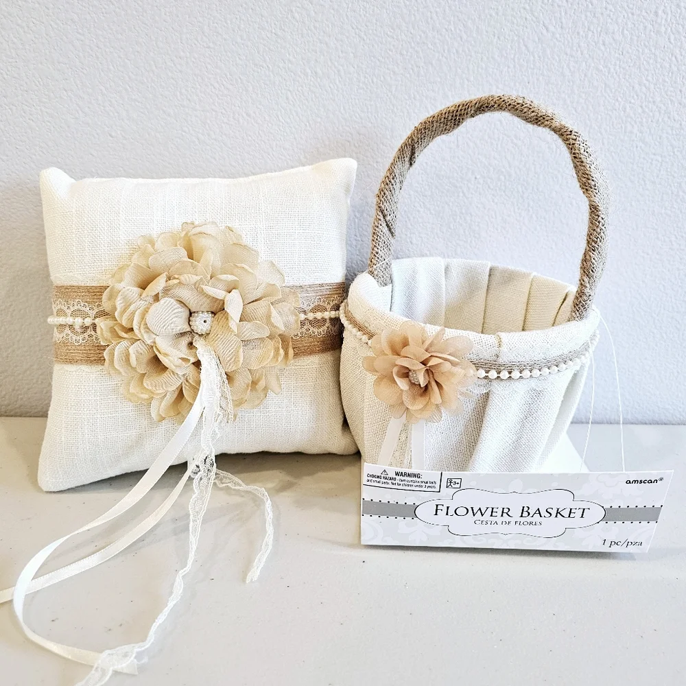 Wedding Flower Girl Basket and Ring Bearer Pillow Rustic